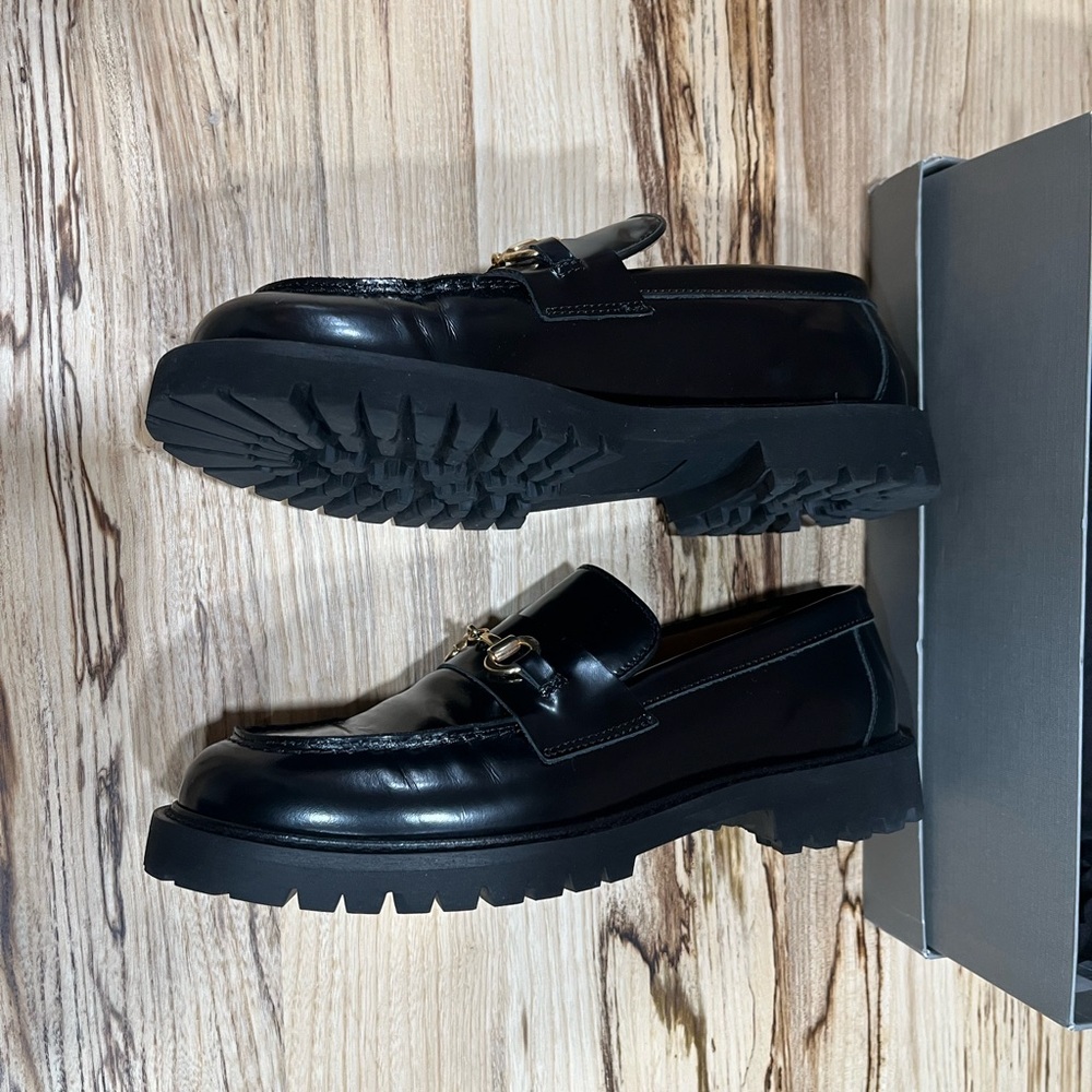 Thursday Boot Company Black Leather Penny Loafers with Gold Accents - Picture 2 of 7